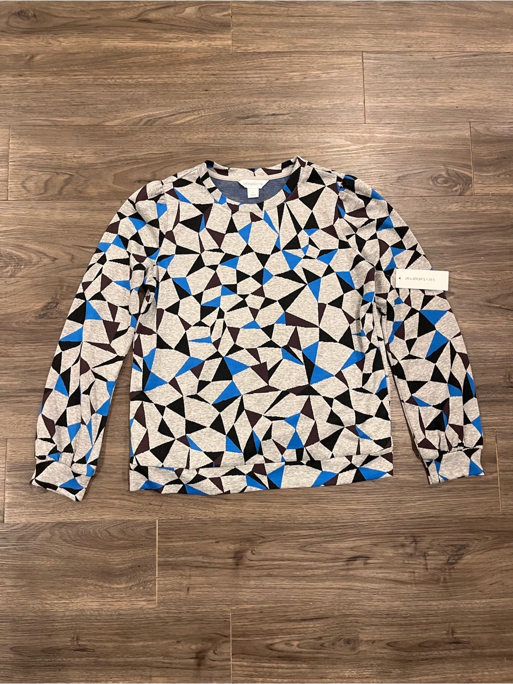 Liz Claiborne Geometric Print Crewneck Sweater in Gray, Black, and Blue